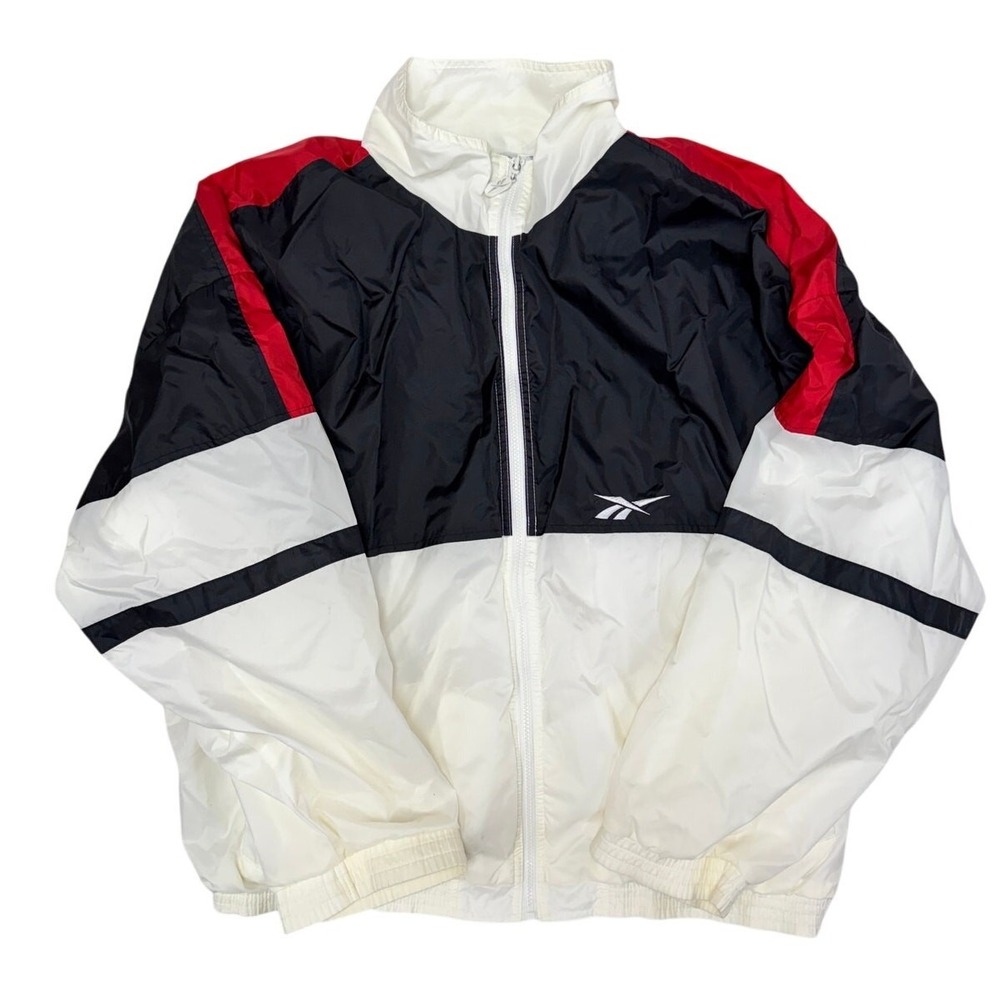 Reebok Jacket Mens XXL Black Red White Colorblock Windbreaker Zip Vintage Style